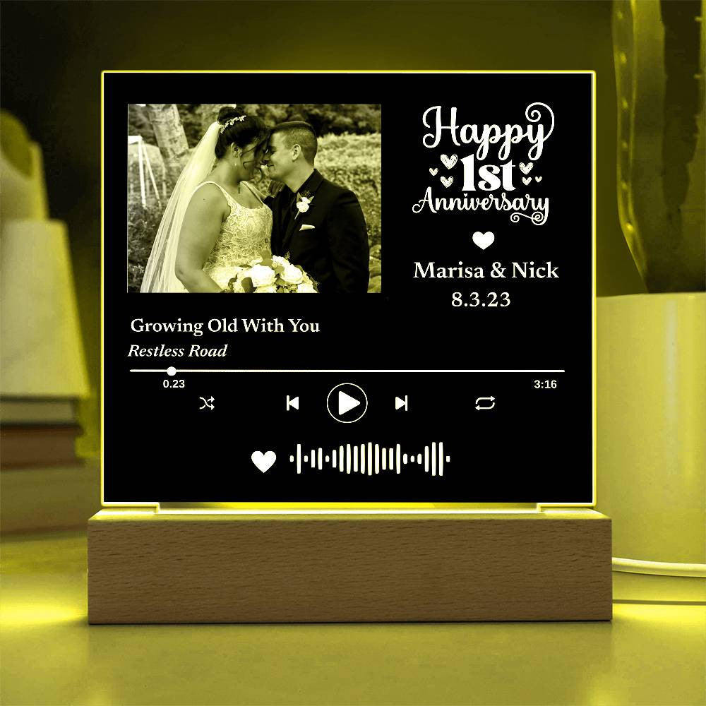 Custom Photo Music Plaque, Personalized Anniversary Year, Date, Song Code, LED Light up Decor