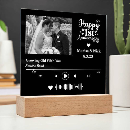 Custom Photo Music Plaque, Personalized Anniversary Year, Date, Song Code, LED Light up Decor