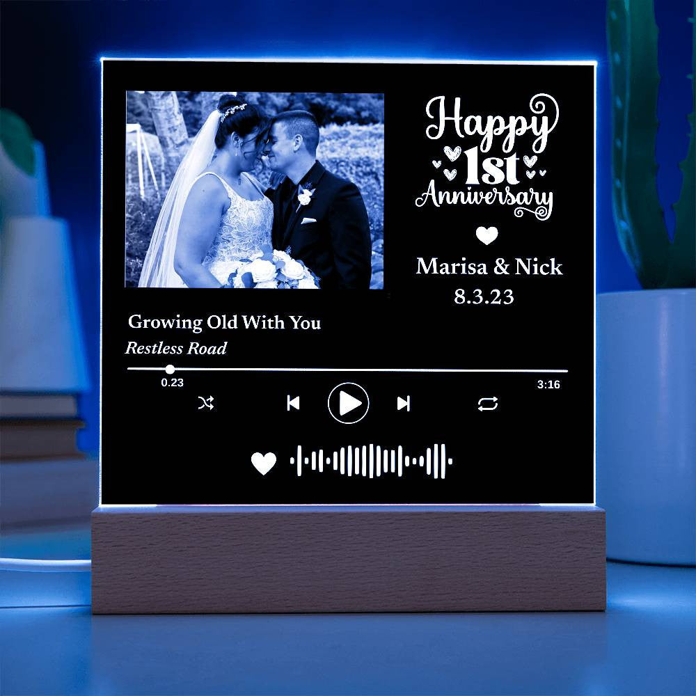 Custom Photo Music Plaque, Personalized Anniversary Year, Date, Song Code, LED Light up Decor