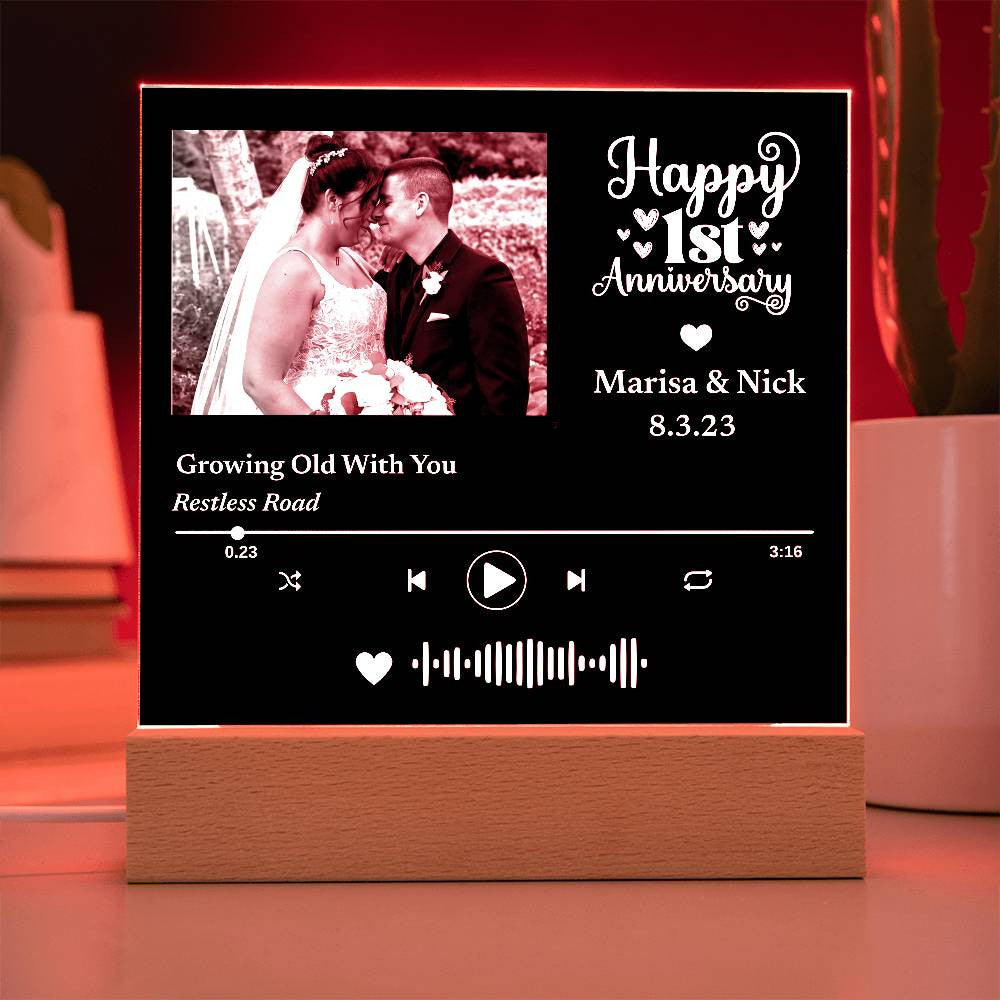 Custom Photo Music Plaque, Personalized Anniversary Year, Date, Song Code, LED Light up Decor