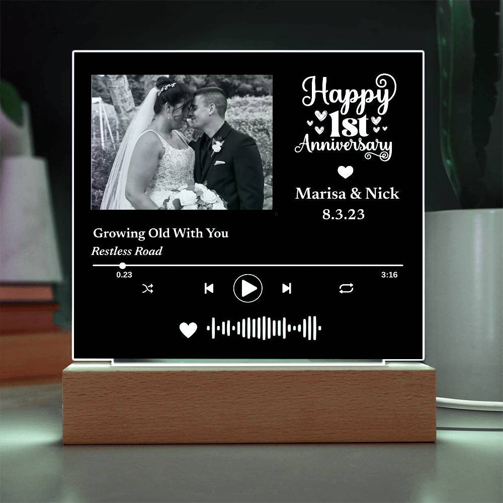 Custom Photo Music Plaque, Personalized Anniversary Year, Date, Song Code, LED Light up Decor