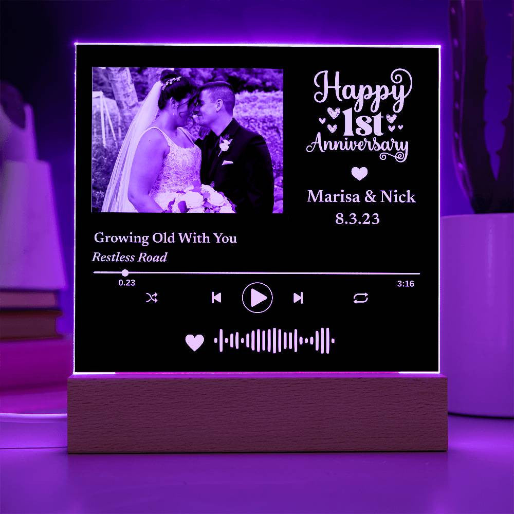 Custom Photo Music Plaque, Personalized Anniversary Year, Date, Song Code, LED Light up Decor