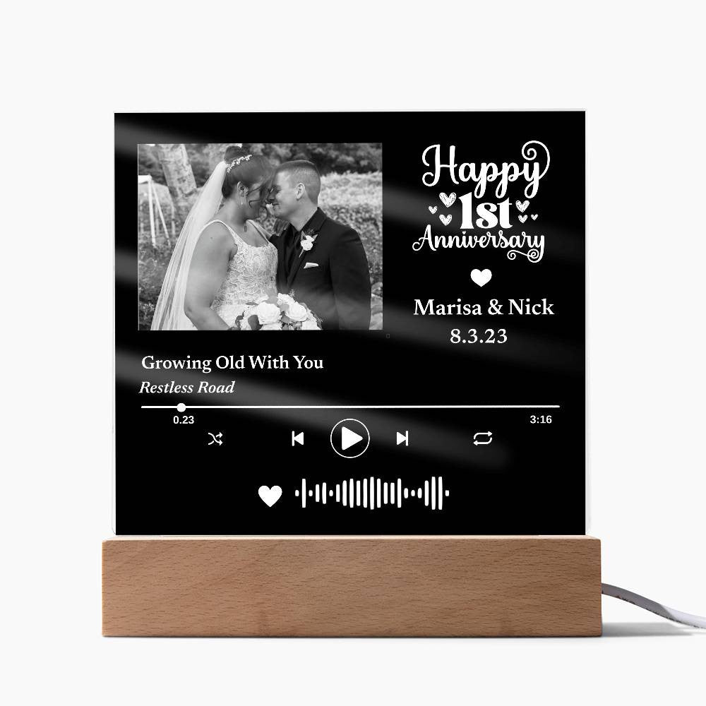 Custom Photo Music Plaque, Personalized Anniversary Year, Date, Song Code, LED Light up Decor