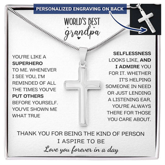 World's Best Grandpa, You're Like a Superhero, Engraved Cross Necklace