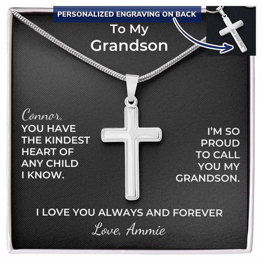 To My Grandson, The Kindest Heart - Personalized Engraved Cross Necklace