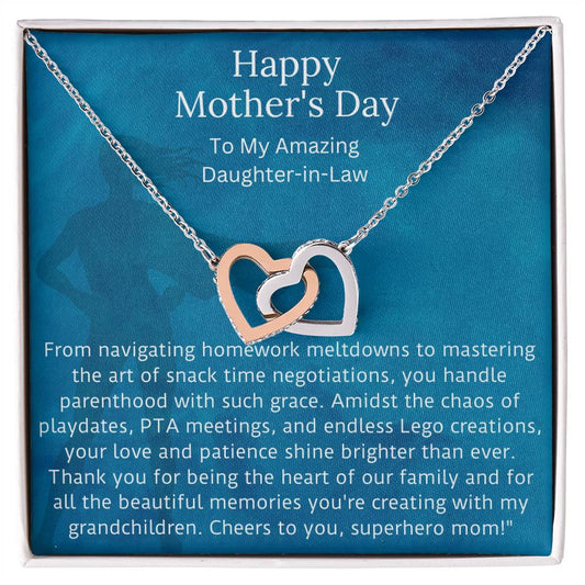 Happy Mother's Day to My Amazing Daughter -in-Law, Superhero Mom - Heart to Heart Necklace