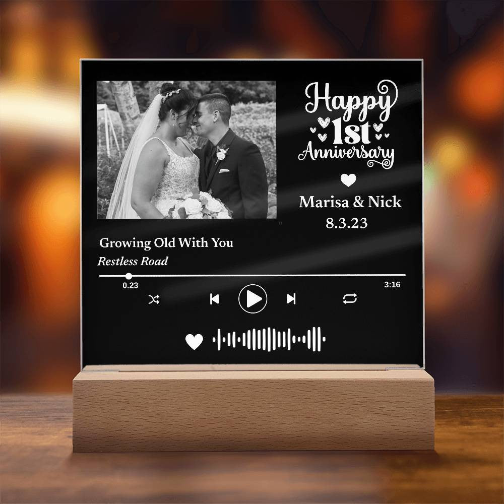 Custom Photo Music Plaque, Personalized Anniversary Year, Date, Song Code, LED Light up Decor