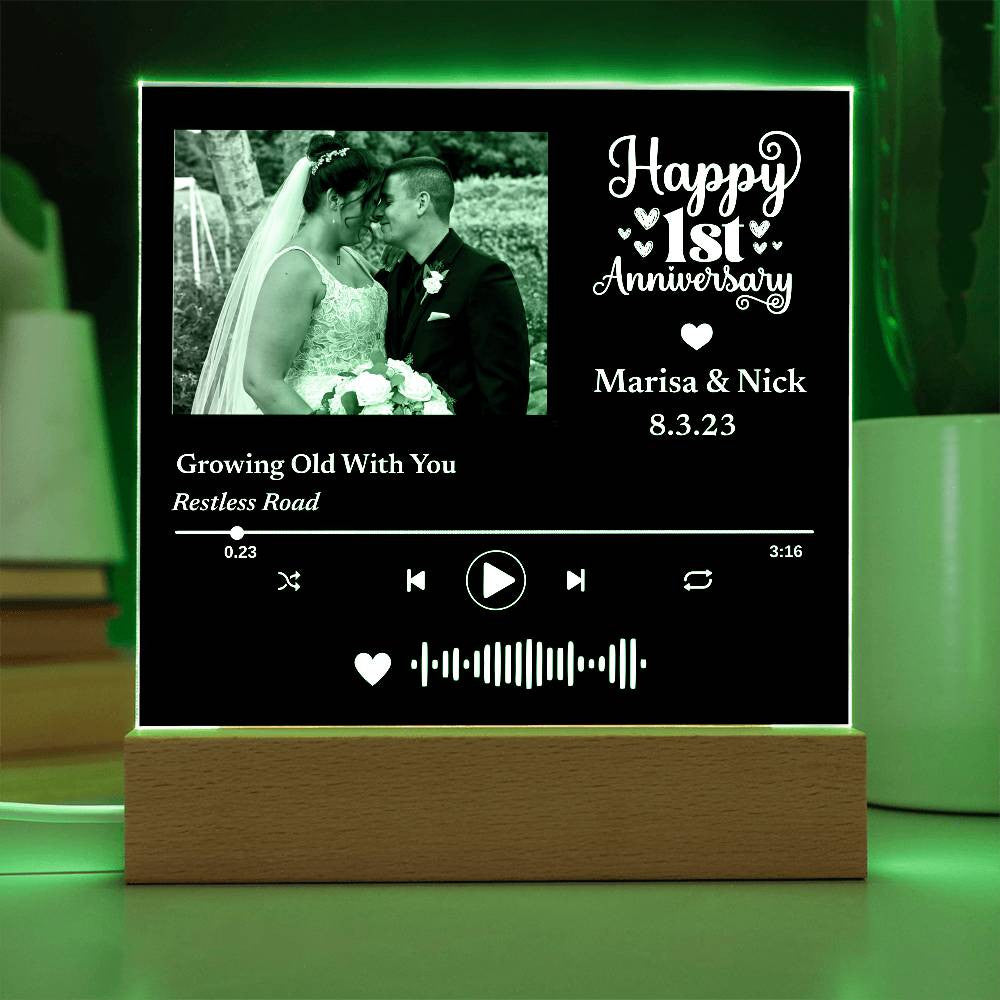 Custom Photo Music Plaque, Personalized Anniversary Year, Date, Song Code, LED Light up Decor