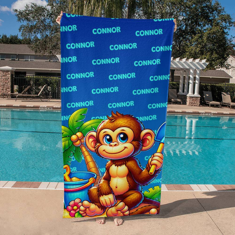 Personalized Name, Mokey at the Beach - Beach Towel