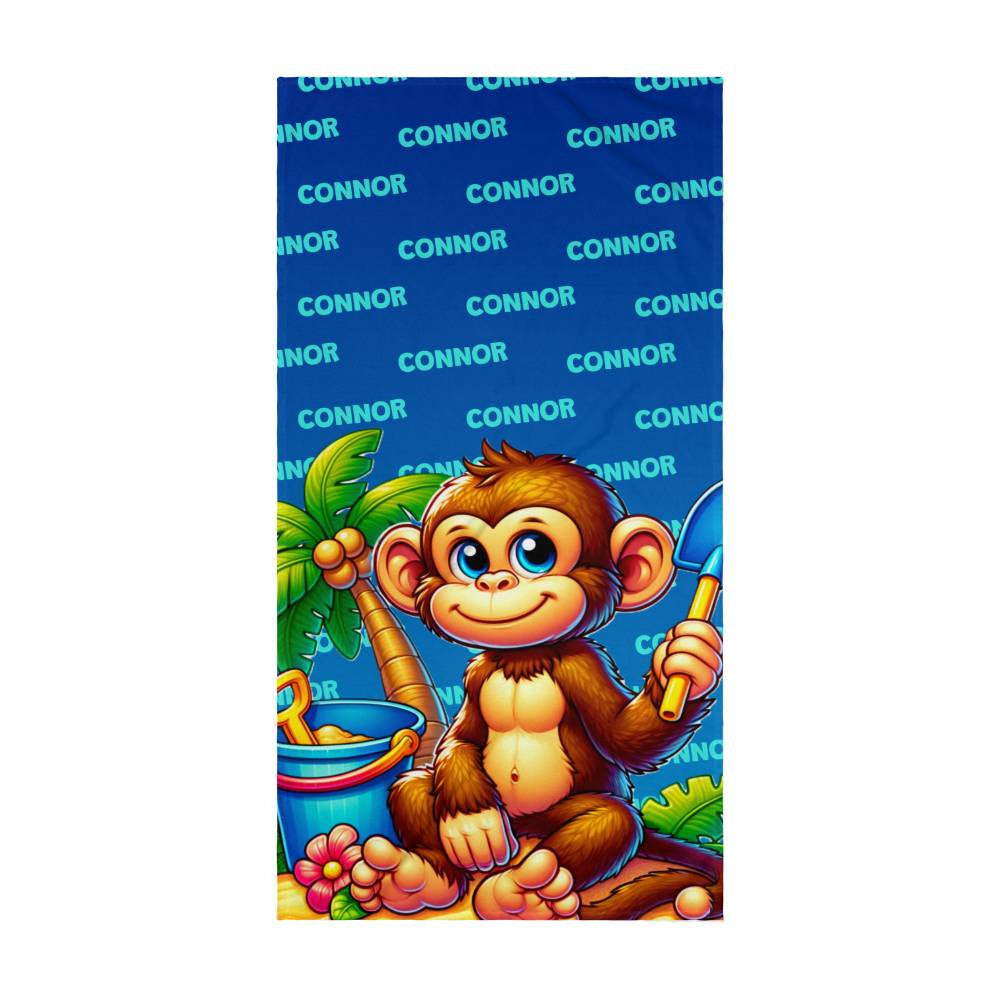 Personalized Name, Mokey at the Beach - Beach Towel